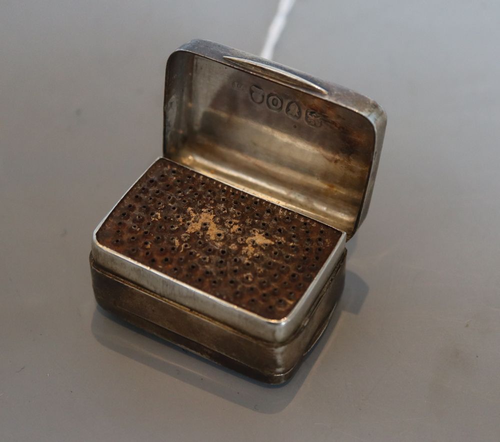 A George III silver rectangular nutmeg grater, maker, I.A, London, 1809, 42mm.